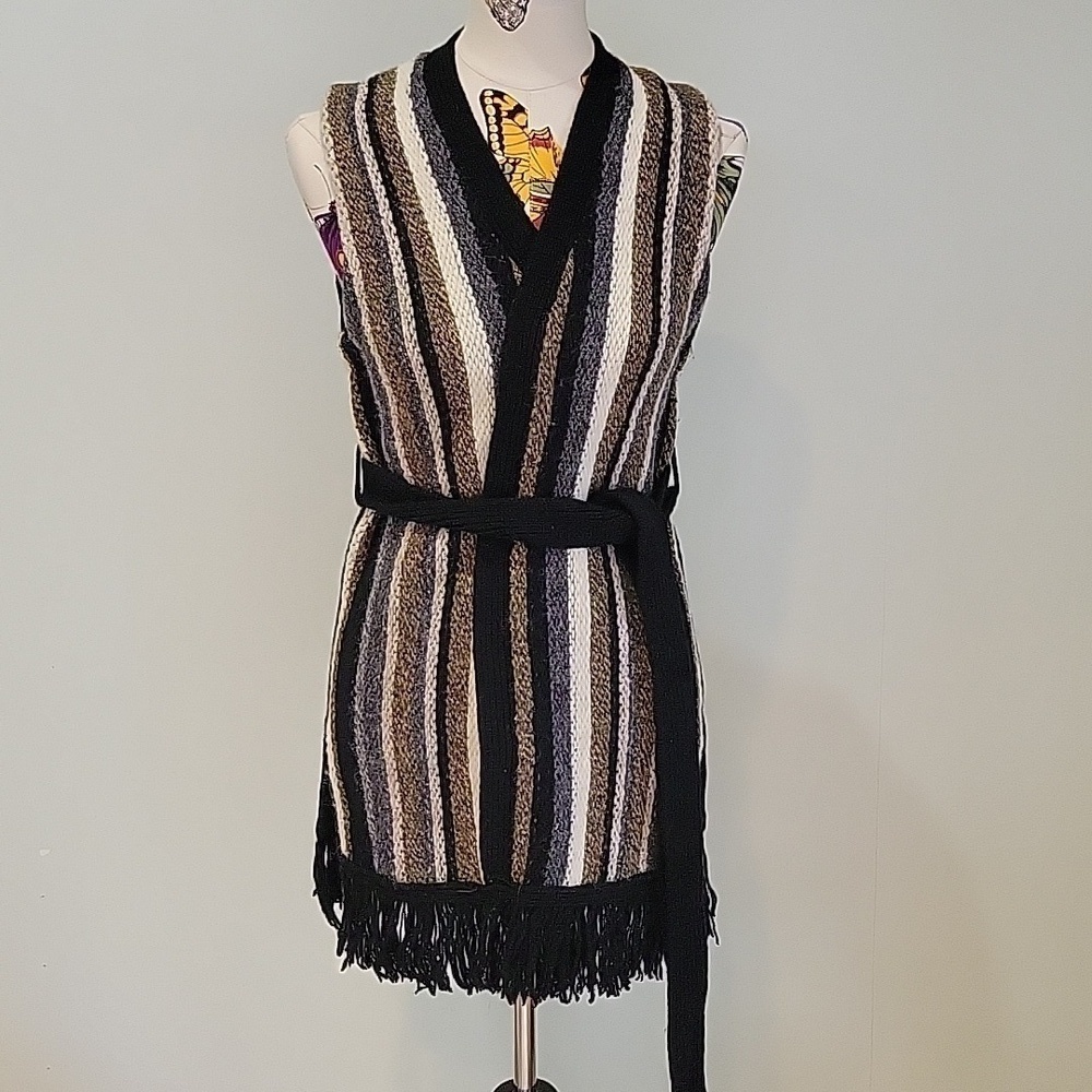 WOOLRICH black & brown stripe sweater vest, ties at waist with fringe. 100% wool